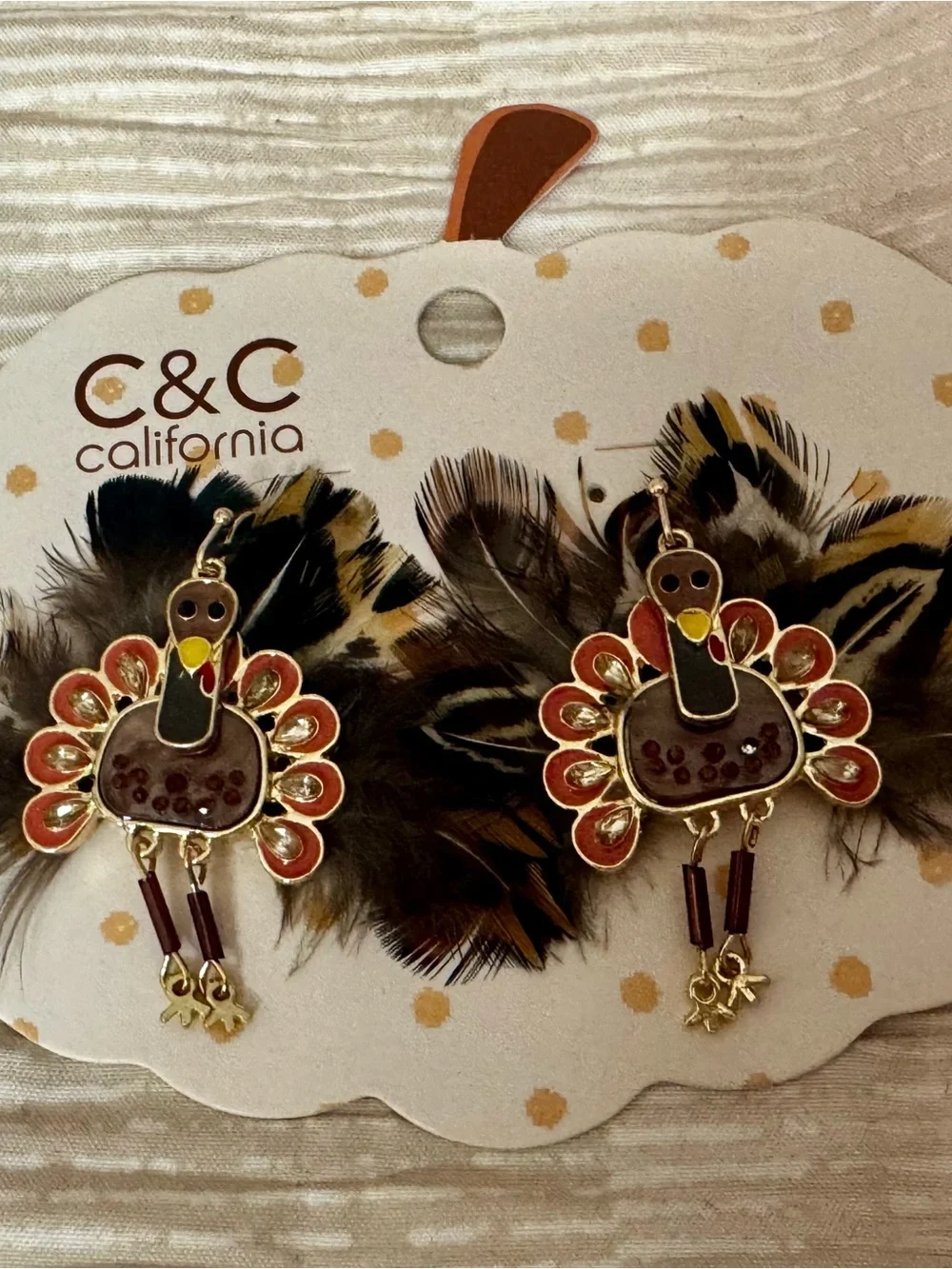 Cute C&C California Brown & Orange Turkey Feather Drop Earrings
